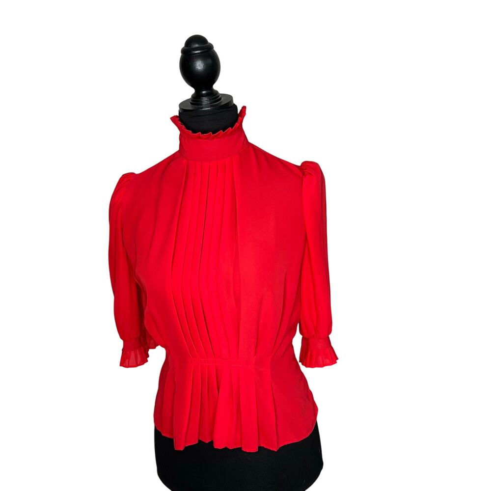 First Glance Vintage 80s Red Pleated High Neck Statement Sleeve Blouse S